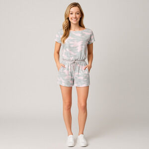 Vanilla Bay Romper Small Pink Camo Print Terry Knit